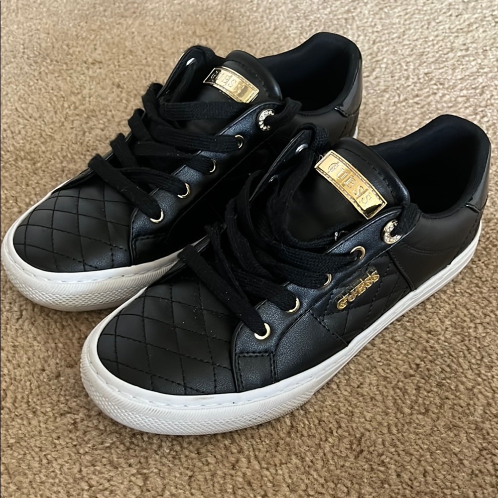 GUESS Black Quilted Sneakers with Gold Accents